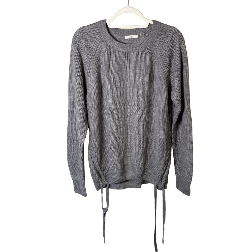 Dex Classic Charcoal Knit Lace Up Sweater Size L Cozy Casual Winter Textured